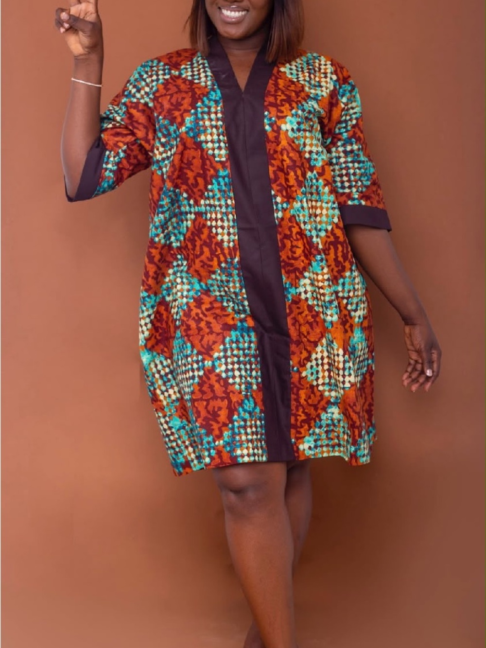 Vibrant Patchwork Midi Dress in Rust & Teal